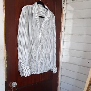 Frame Denim Black and White Silk Striped Casual Shirt